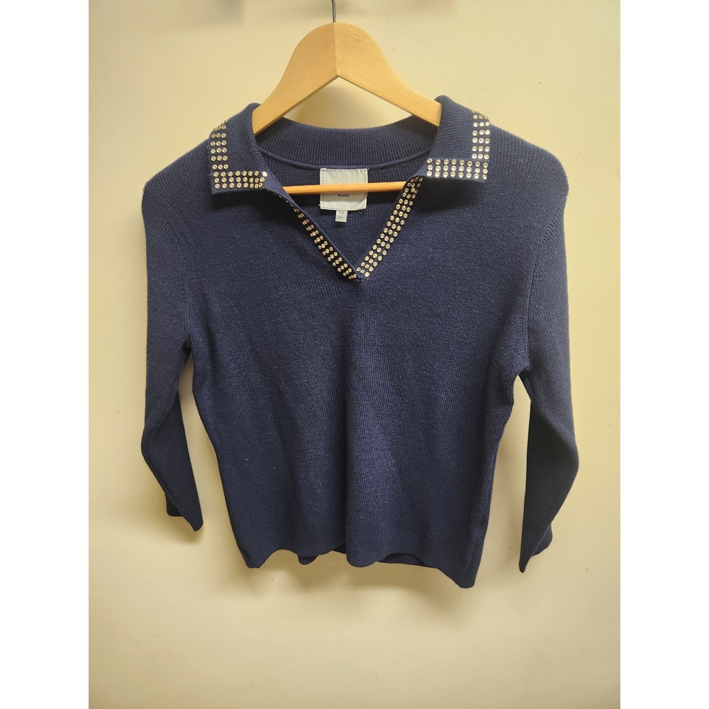 LIV Milano Navy Blue Studded Collar V-Neck‎ Long Sleeve Sweater XS